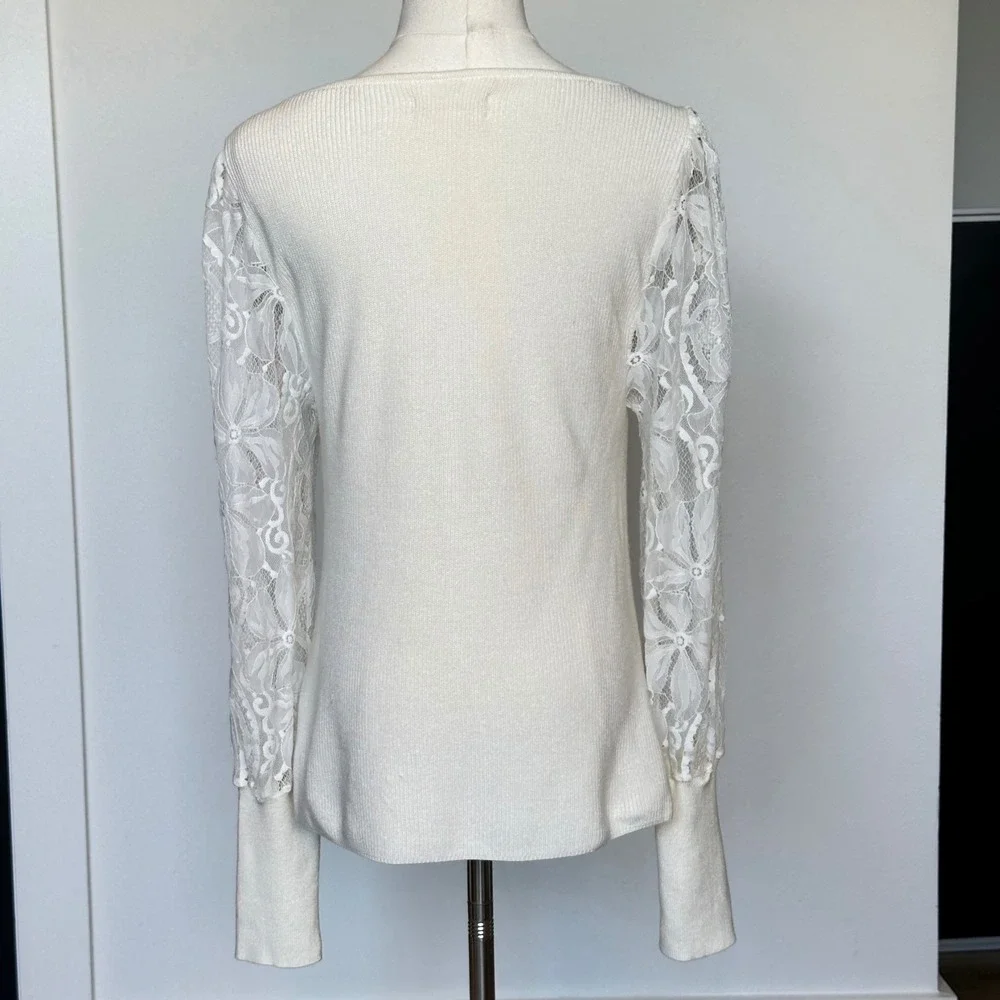 Anthropologie Sweater Sweetheart Lace Sleeve Romantic Coquette Ivory M